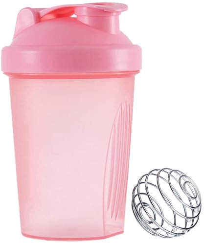 Protein Shaker Flasche, 400ml Shaker Flasche mit Edelstahl Mixball Milchshake Becher Wasserflasche Gym Shaker Flasche für Fitness Sport und Reisen BPA Frei Auslaufsicher Spülmaschinenfest Rosa