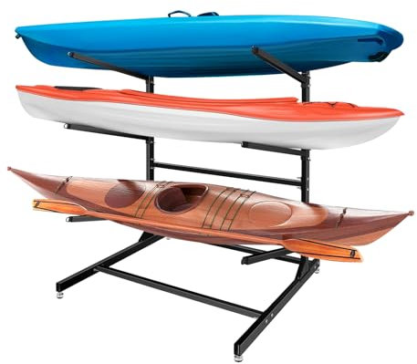 HONYTA Freestanding Kayak Storage Rack, Heavy Duty Adjustable Metal Stand with Lockable Wheels for Kayaks, Paddleboards, Surfboards Indoor & Outdoor Use(3 Levels)