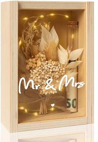 Geldgeschenk Hochzeit, Hochzeitsgeschenke für Brautpaar, Geldgeschenke für Brautpaare, Holzbox + Trockenblumen + Reagenzglas, Mr und Mrs + LED , Verlobung, Hochzeitstag, Hochzeitsgeschenk Geld