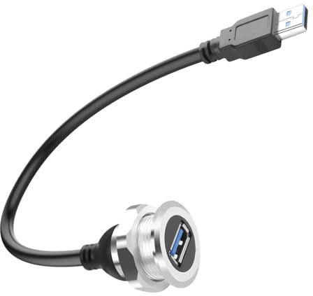 QIANRENON USB3.0 Gewinde Feste Montage Kurzer Kabel Anschluss Al Muschel USB3.0 Typ A Stecker auf Buchse Eingebettet Mount Adapter 5Gbps 5V/2A Aufladen, für RV Auto Armaturenbrett Panel, 30cm/11.8in