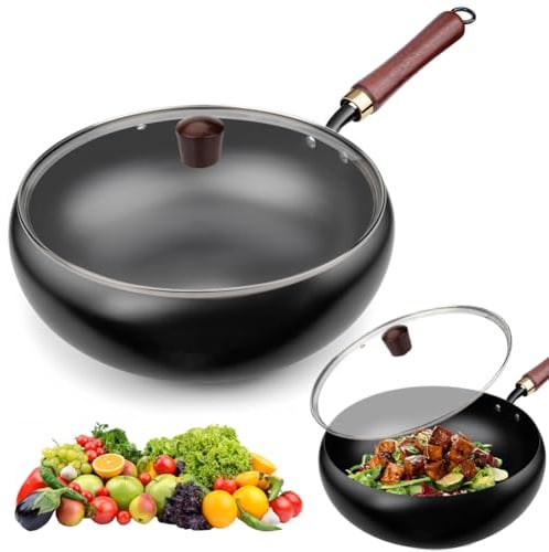 Poêle en Fonte Wok Chinois Grand Ventre,28cm Poele en Fonte, Casserole en Fer Forgé à la Main, Woks et Poêles à Frire, Pot Traditionnel Non Revêtu Pour Frire pour Mijoter et Frire à Haute Température