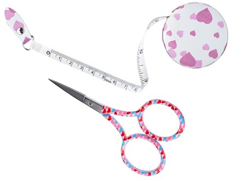 The Quilted Bear - Pink Heart 3.5 Embroidery Scissors & Pink Heart Retractable Tape Measure with Double Sided Metric & Imperial Measuring Tape for Sewing, Tailors or a Body Measuring Tape 150cm/60