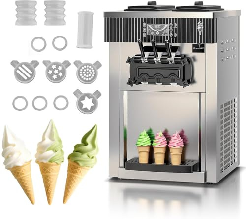 Máquina de helado comercial, 20-28 L/H capacidad, 2200W 3-gusto máquina de helado independiente, 2 x cilindro de acero inoxidable de 6 L, panel LED de limpieza automática, para supermercado de yogur