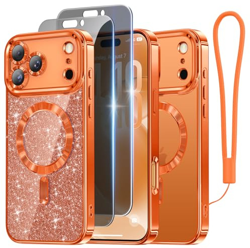 Meifigno Entwickelt für iPhone 17 Pro Hülle 6,3, [Glitzer Karte & Handykette] [Kompatibel mit MagSafe] [2X Sichtschutz] Vollständiger Kameraschutz für iPhone 17 Pro Hülle, Orange