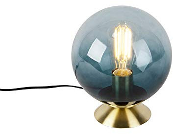 Qazqa - Art Deco Art Deco Tischlampe Messing mit blauem Glas - Pallon I Wohnzimmer I Schlafzimmer - Kugel I Kugelförmig - LED geeignet E27