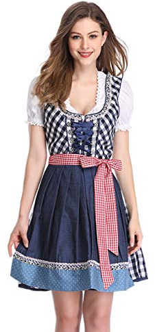 KOJOOIN Femme Robe Dirndl de Bavière Oktoberfest Set - Blouse et Tablier - Robe Dirndl 3 Pièces Bluse Manches Courtes Bavarois Vêtements Damier Bleu (Mise à Niveau) XL