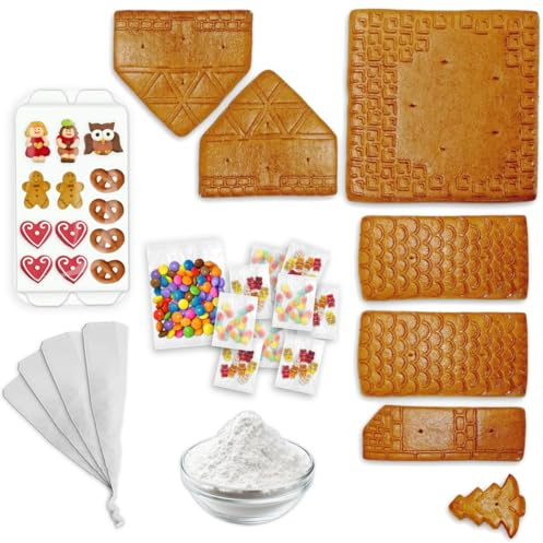 Lebkuchenhaus Bausatz Komplett-Set ca. 17x17x18 cm, inkl. Süßigkeiten-Deko | LEBKUCHEN WELT Inkl. Zuckerfiguren Schokolinsen Gummibärchen Zuckerguss Fertig-Mix & Lebensmittelkleber ca. 920g Lebkuchen