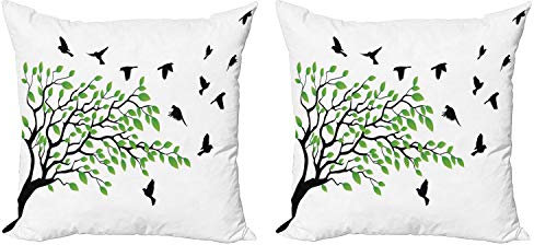 ABAKUHAUS Baum Dekokissen Kissenbezug 2er Pack, Flying Birds Frühling Frieden, Modern Accent Doppelseitiger Digitaldruck, 40x40, Grün Schwarz Weiß