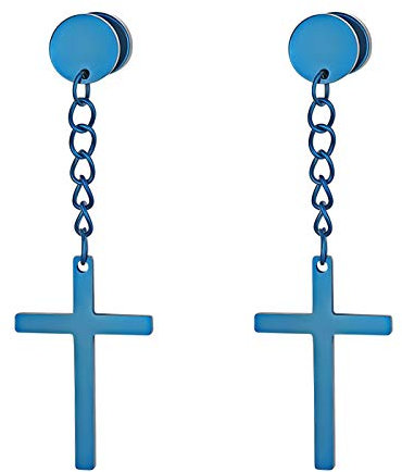 JewelryWe Kreuz Ohrstecker Tunnel Ohrringe: Herren Damen Edelstahl Fake Ohr Plugs Ohrstecker Ohrhänger Ohrpiercings mit Baumelnde Kruzifix Kreuz Kette Anhänger Schraube Helix Tragus Piercings Blau