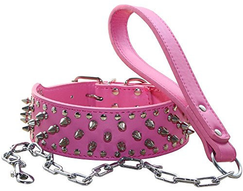 haoyueer Hundehalsband mit Nieten, Punk-Nieten, mit Edelstahlschnalle, weiches Leder, Kombi-Set, strapazierfähige Passform, Pitbull, Bulldogge, Dobermann (S, Hot Pink)