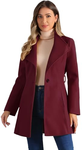 Allegra K Women's Classic Stand Collar Long Sleeve Winter Belted Long Coat, Burgundy, M