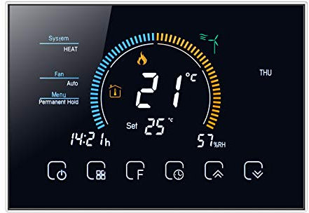 Qiumi Smart WiFi Thermostat Programmierbarer Temperaturregler für Klimaanlage mit 4-Röhren-LCD-Bildschirm,Wetter, UV-Index anzeigen Funktioniert mit Alexa Google Home 95~240 V AC