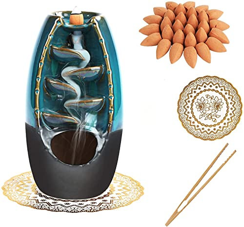 GURECOD Quemador de Incienso Refluible de Cerámica con 50 Varillas de Sándalo + 1 Pinza + 1 Espaciador, Aroma Decorativo para el Hogar, Set Azul