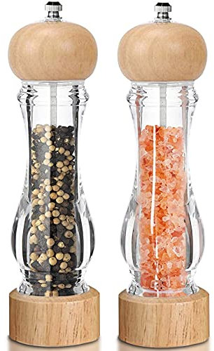 BOCHIONYU Salz- und Pfeffermühle, große schwarze Pfeffermühle und Meersalzstreuer Set, mit einstellbarer Grobheit, leicht zu mahlenden Keramik-Rotor, transparente Acryl-Gewürzflasche, 2 Stück, Holz