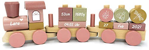Coverlounge Holz Zug Eisenbahn Lokomotive mit Steckformen ROSA/BLAU | gelasert/personalisierbar | zur Geburt und Geburtstag