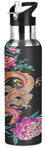 Vnurnrn Mignon Fleur Dragon Animal Japon Bouteille d'eau Isotherme avec Paille en Acier Inoxydable Gourde 600ML, Sans Bpa Gourdes Eau pour Enfant Sport Randonnée École Bureau