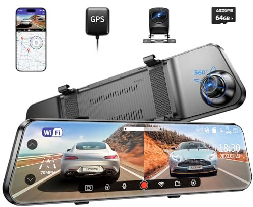 AZDDOME 12 Mirror Dash Cam, Touch Screen Smart Rear View Mirror Camera, 2.5+1080P Front and Rear, Night Vision, Reverse Assist, 64GB Card & GPS, 24H Parking Mode