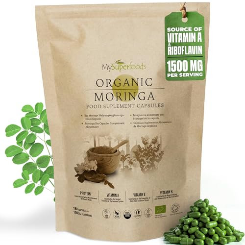 Moringa Capsules | Organic | 1500mg per Serving | 180 Capsules | Rich Source of Vitamin A & Riboflavin | MySuperfoods