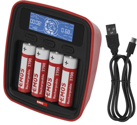 EMOS Profi Akku-Ladegerät NiMH, NiCd inkl. 4X AA-Akku, Schnell-Ladegerät 1000/500 mA, für 1-4x AAA/AA Batterien, mit USB/Micro-USB Kabel, LED-Display, Akkuschutz, Sicherheitsfunktionen, Schwarz, N9341