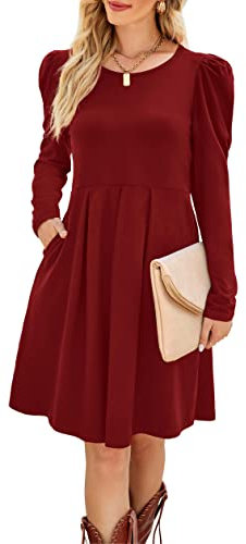 Aokosor Womens Casual Dress Gigot Long Sleeve Dress Ladies Pleated Tunic Dress with Pockets Wine Red Size 18-20