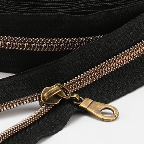Sawoake 9m Bulk Zipper, (#5) Reißverschlüsse zum Nähen, Black Nylon Coil Zipper mit Antique Brass zähnen, Ersatz Nähreißverschluss mit 20PCS Reißverschluss Sliders(#5 Black Antique Brass)