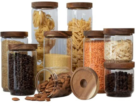 Acacia Glass Storage Jars multiple sizes 250 ML 450 ML 750 ML 950 ML 1500 ML, Airtight food storage jar, Pantry Storage Container, Glass Storage Jars, Glass Pantry Jars (1500 ML Set of 3)