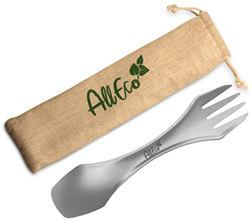AllEco® Titan Spork Set de couverts de camping pour 1 personne - Ultra léger - Vaisselle de camping - Couteau, fourchette, cuillère - Couverts de camping