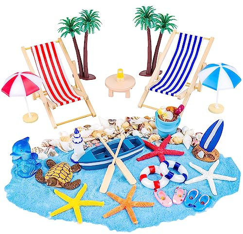 Hysagtek Miniatur Strand Deko, 28 Strand Mikrolandschaft Miniliegestuhl Strandkorb Sonnenschirm, Sommer Deko Miniatur Ornament Set, für DIY Garten Sandspielzeug, Einzigartiges Geschenk