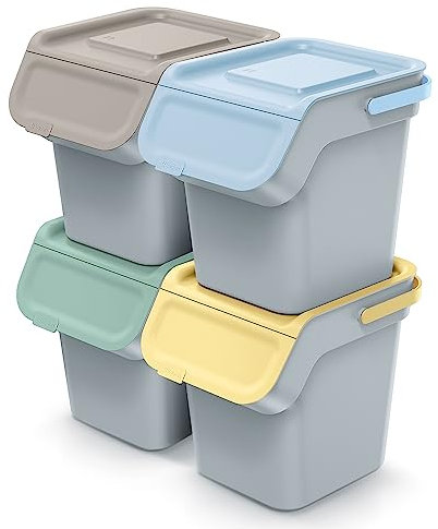Lot de 4 poubelles Kaddi Q | gris | empilables | collection différenciée recyclage | en plastique | 80 litres (4 x 20 L) | pour maison intérieure