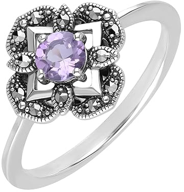 Esse Marcasite - Anello floreale in argento sterling con ametista e marcasite, stile Art Nouveau