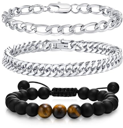 VNOX Armband Für Herren Edelstahl Silber, 2 PCS (21cm, 3 PCS-Stil 2-Silber)