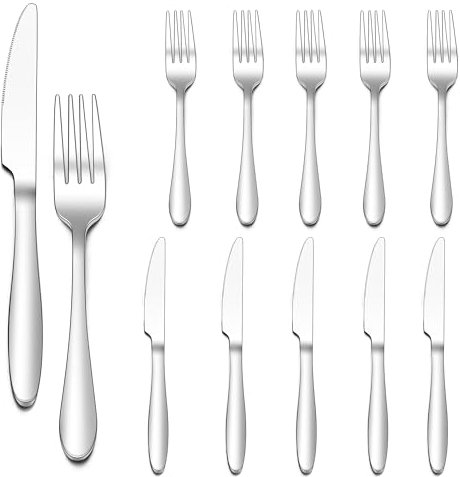 Joyfair Gabel und Messer Set, 12 Stück Edelstahl Steakbesteck für 6 Personen, Hochglanzpoliert Besteck Set für Haus/Restaurant, 6 Tafelmesser (23cm) + 6 Tafelgabeln (20cm) - Spülmaschinenfest