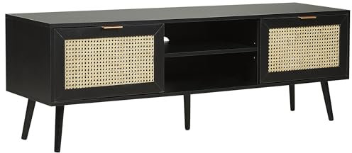 Meuble TV avec 2 Armoires et Étagères Ouvertes en MDF et Façade en Rotin avec Pieds en Bois d'Hévéa Noir Style Boho Opoco