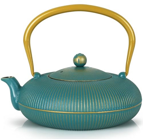 Jotsport Green Cast Iron Teapot Large Capacity 40oz/1200ml with Infuser for Loose Leaf Stovetop Safe Vertical Stripe Flat Tea Kettle, Enameled Interior