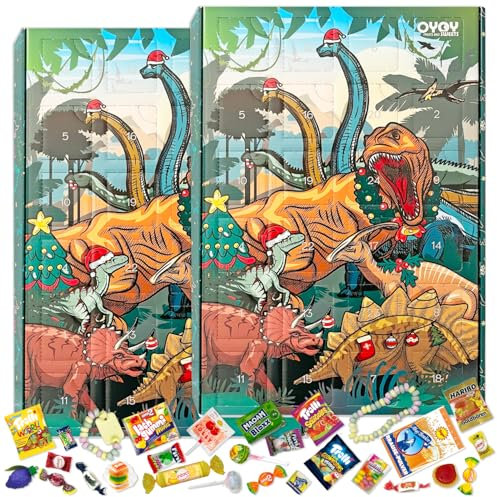 2er Set OYOY Adventskalender 2024 Kinder I Dinosaurier Design I bunter Kinder Adventskalender Jungen I 24 unterschiedliche süße Überraschungen u.a. Fruchtgummi Brausen Kaubonbons Lollipops