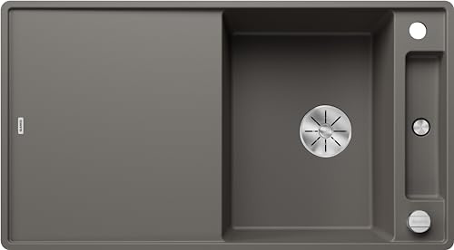 BLANCO AXIA III 5 S-F | Granitspüle aus SILGRANIT vulkangrau | mit | [90,5x50x20,2 cm] | für 50 cm breite Unterschränke | mit Holzschneidbrett | Reinigungsfreundlich | Einbauart: Flächenbündig