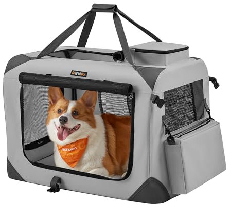 Feandrea Hundebox faltbar, Transportbox Hund, L, Hundetasche, Oxford-Gewebe, Netzstoff, atmungsaktiv tragbar transportabel, Metallrahmen, mit Griffen, Taschen, 70 x 52 x 52 cm, rauchgrau PDC070G02