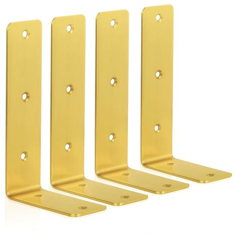 ANTERRIFIC Goldene Regalhalterungen, 4 Stück, robuste schwebende Regalhalterung, Edelstahl-L-Halterungen für Regale, 17,8 cm Regalhalterung für Regalträger und schwebende Regalbeschläge