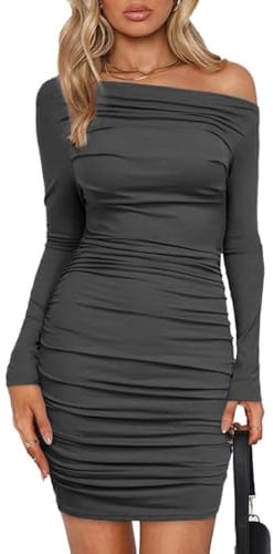 EMOTTOS Frauen Mini Wrap Dress, Sexy Hip-Hugging Ruched Kleider, Weicher tiefer V-Ausschnitt/One-Shoulder Langärmeliges Bodycon Bleistiftkleid, Mini Tube Club Cocktail Party Kleid(2 Style, S-L)