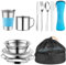 Campingbesteck Set, 10 Stück Edelstahl Camping Geschirr, 1-2 Personen Outdoor Reisebesteck mit Teller, Schüssel, Trinkbecher, Gabel, Löffel und Bestecktasche, für Camping Picknick Wandern (Blau)
