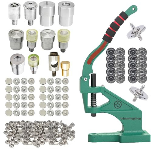 Trimming Shop Bag Makers Kit – The Green Machine Hand Press, Tubular Rivets, Magnetic Snaps, S-Spring Press Studs, Buttons & Die Sets for DIY Leathercraft & Purse Making [Silver]