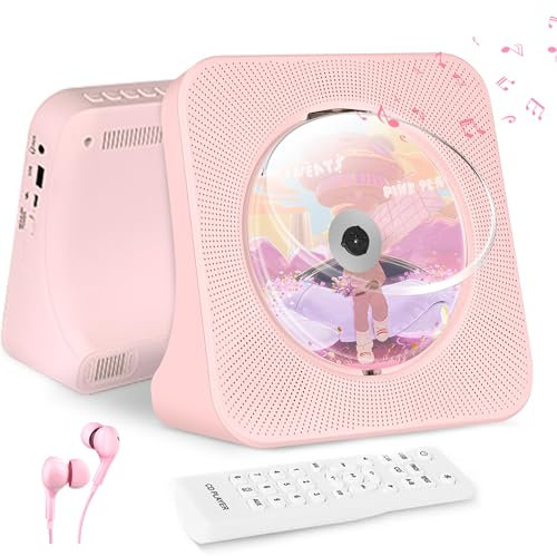 Lettore CD musica rosa, lettore CD portatile Bluetooth 5.0, lettore musicale domestico con altoparlanti HIFI integrati, radio FM, timer, porta USB, presa AUX, telecomando (include cavo per auricolari)