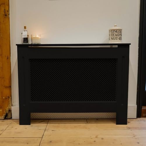 Jack Stonehouse Extra Large Radiator Cover Black Paint - Over Radiator Shelf Clip On With Diamond Slats - Sturdy MDF Wooden Radiator Covers For Bedroom Or Living Room Furniture - Slim Radiator Cover