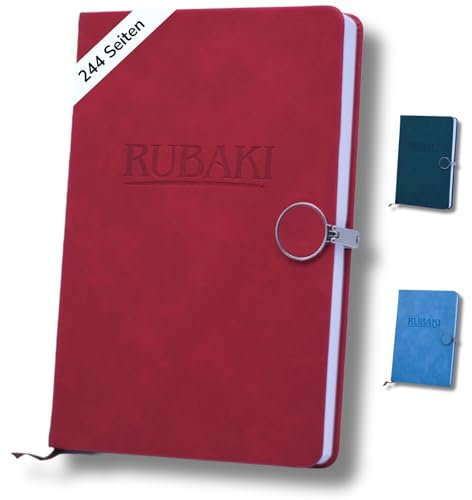 Rubaki Tagebuch | Premium Notizbuch mit Lesezeichen für Erwachsene & Kinder | Journal Buch mit Wochen & Monatsrückblick aus hochwertigem veganem Leder | A5 | Stabile Nietverschlusstechnik | Farbe Rot