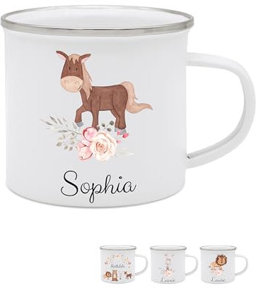wunderwunsch® - Personalisierte Emaille Tasse Kinder mit hochwertigem Spezial-Druck – Bruchsicher, Leicht & Umweltfreundlich – Perfekt für Zuhause, Kindergarten oder Camping (Pferd Blumen)
