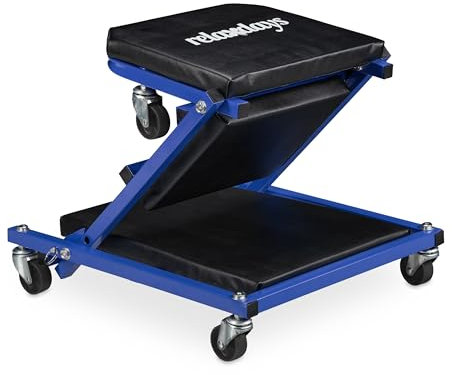 Relaxdays Board Workshop up to 150 kg, 2in1 Foldable Rolling Seat & Workbench, 360° Rotatable, Steel, Black/Blue, 12 x 41 x 91 cm