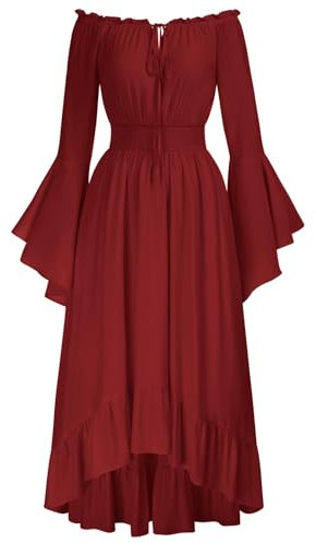 SCARLET DARKNESS Ladies Off The Shoulder Maxi Dress Bell Sleeve Renaissance Dresses for Women UK Medieval Costume Wine Red M