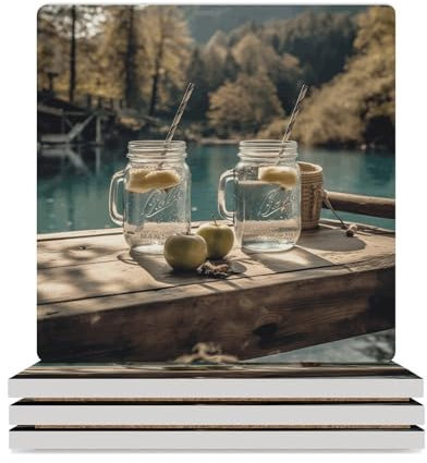 Untersetzer für Getränke, Outdoor, saugfähige Keramik-Untersetzer mit Korkrückseite, Gläser auf Holzbank, Untersetzer für Getränke, rutschfeste Tassenmatte für Couchtisch, Zuhause, Küche, Dekor