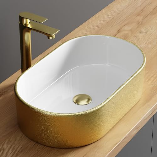 Planetmöbel Aquil Elegante lavabo ovale | Lavabo da appoggio per bagno e WC degli ospiti | Lavabo a mano senza foro per rubinetto e troppopieno | Oro bianco, 55 x 34 x 14 cm