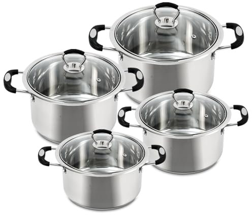 AKH HOUSEWARE Stock Pot Casserole Dish - Large Heavy Duty Stainless Steel Stockpot with Lid & Silver Mirror Coated, Soft Touch Silicone Handle (20cm+22cm+24cm+26cm (Set of 4))